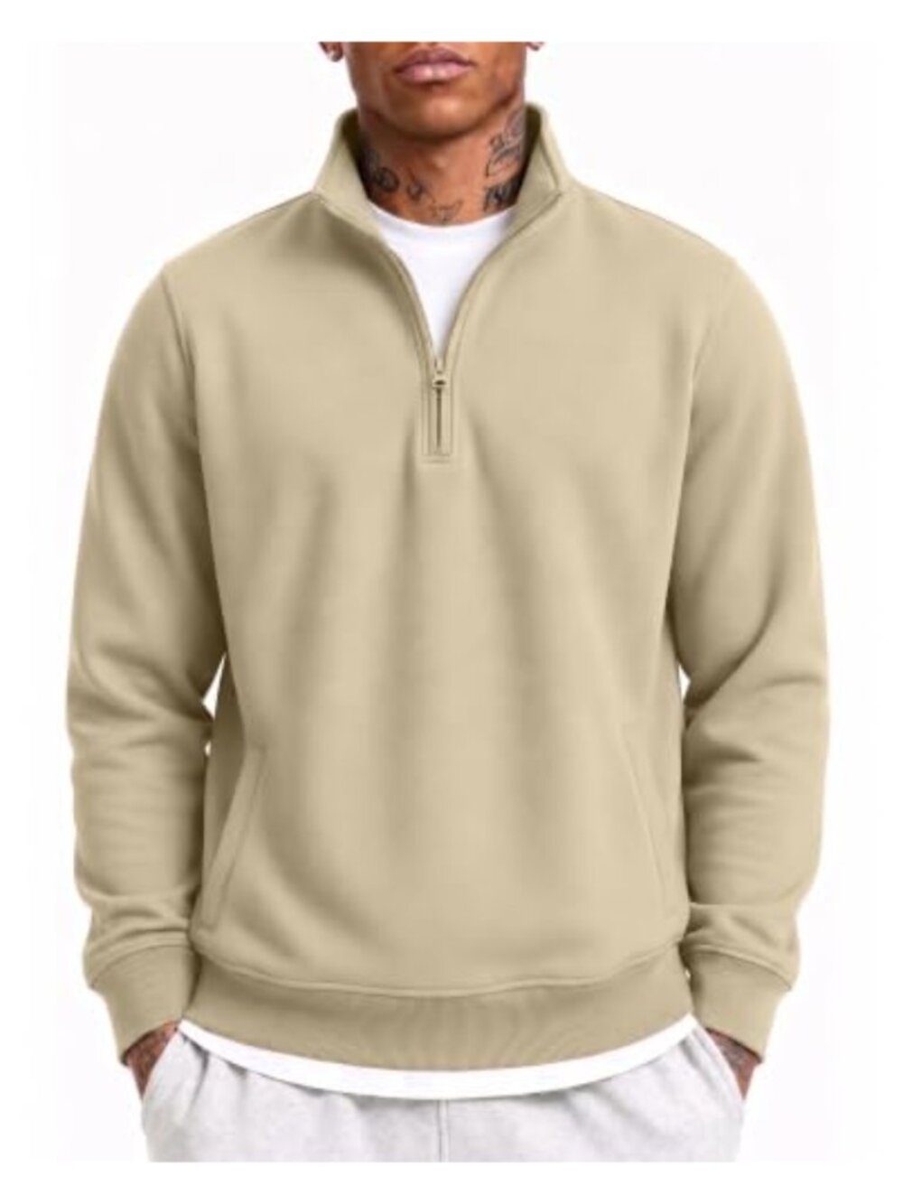 Mens Quarter Zip Pullover Fleece Lined Sweatshirt Mock Neck Kangaroo Pocket